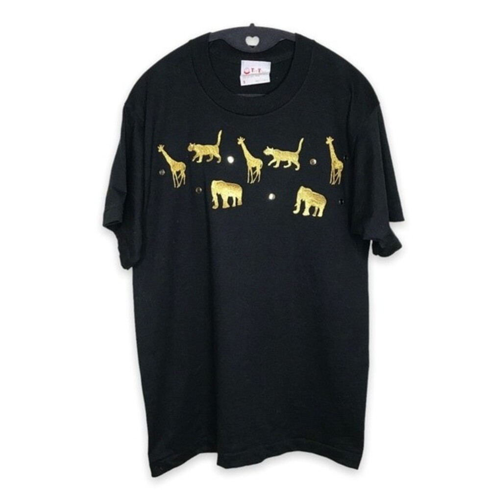 Vintage Single Stitch Black Tee Gold Metallic Embroidered Animals Women Small